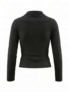 Kaos Hitam Lengan Panjang Pas Badan Seksi untuk Wanita, Atasan Pullover Musim Gugur dan Musim Semi yang Chic & Serbaguna - Hitam - View 10