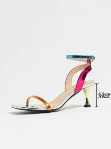 Women's Party Sandals Metallic Color Block Thin Strap Ankle Buckle Low Heel Square Toe Flared Heel Design Suitable For Holiday And Party Occasions - Silver - View 7