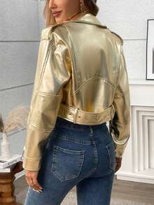 Women's Solid Color Minimalist Casual Zip-Up Short Jacket - Gold - View 9