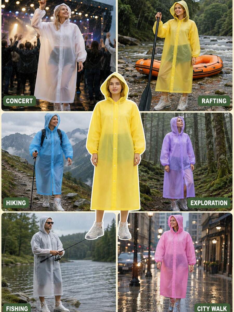Adult Unisex Thickened EVA Reusable Raincoat With Hood And Drawstring, Long Style, Suitable For Outdoor Camping And Hiking - Multicolor - View 1