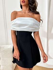 Autumn Bow Off-Shoulder Contrast Color Party Dress Elegant Dress For Dating - Black - View 5