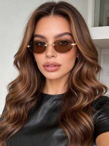 1 buah Kacamata Fashion Oval Tanpa Bingkai dengan Bingkai Logam Kecil, Gaya Wanita, Cocok untuk Semua Musim, Perjalanan, Pantai - Coklat - View 3