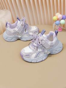1 Pair Rhinestone Chunky Sneakers, Casual Sports Shoes, Running Shoes, White & Purple Color Block Fashion, Hook & Loop Easy On/Off, Thick Sole Non-Slip Casual Kids Shoes - White & Purple - View 4
