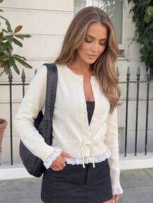 Women's Knitted Cardigan, Long Sleeve Round Neck, Button Front, Contrast Lace Trim, Regular Length, Suitable For Autumn/Winter Wear. - Apricot - View 1
