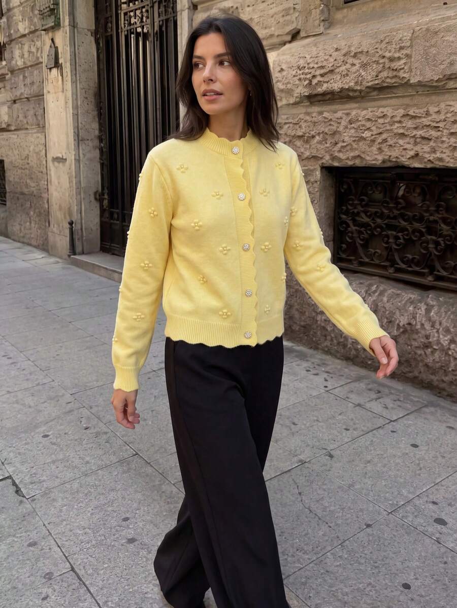 JIANHU Korean Style Knit Cardigan , Fall Winter Soft Cardigan With 3D Flower Details And Ruffled Button Trim, Cute Mock Neck Cardigan For Daily & Office - Yellow - View 1