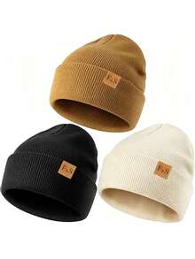 3pcs/1pc Unisex F&S Patch Knit Beanie,Solid Color Cuffed Winter Warm Skull Cap For Daily Outdoor Street Wear,Travel - Multicolor - View 9