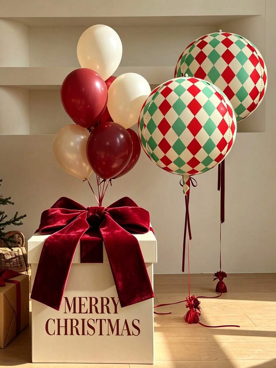Christmas Reindeer And Plaid Pattern 4D Foil Balloon Set, Red Cream Latex Balloons, Reusable Balloons For Winter Christmas Holiday Home Party Background Decoration, - Christmas Reindeer - View 1