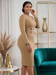 NOU Women's Mid-Length Asymmetrical Shoulder Long Sleeve Button Waist Cinched Bodycon Pencil Dress - Khaki - View 5