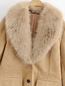 ZAHM Faux Suede Winter Coat For Women, Faux Fur Collar Cuffs Lapel Short Warm Jacket With Pockets - Camel - View 10