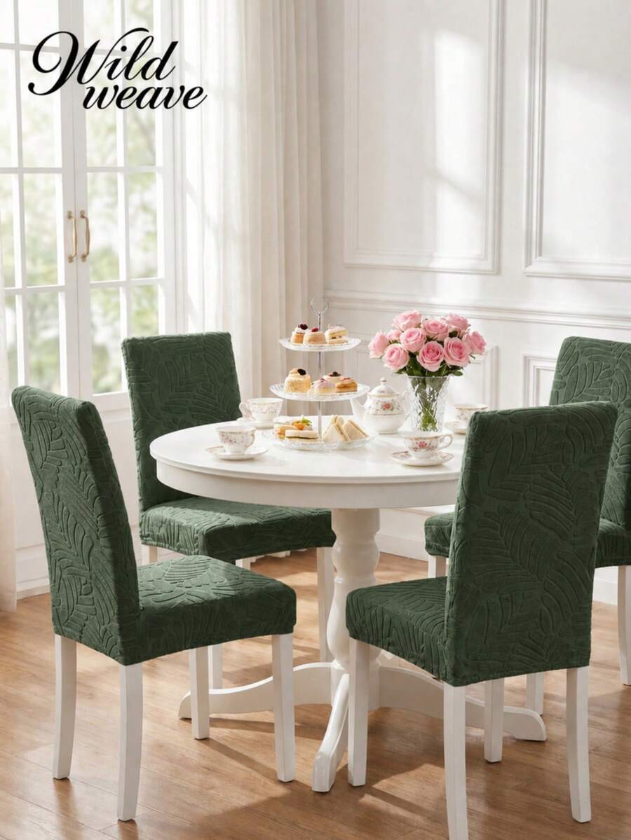 1pc Jacquard Solid Color Elastic Chair Cover, All-Season Universal Fit For Living Room, Dining Room, Home Chair Decoration - Green - View 1