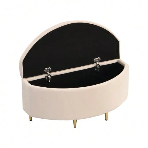 Upholstered Bench With Storage, Velvet Storage Bench, Ottoman With Metal Legs, Suitable For Hallway, Living Room, Bedroom, 90 X 40 X 42 Cm, Pink - Beige - View 1
