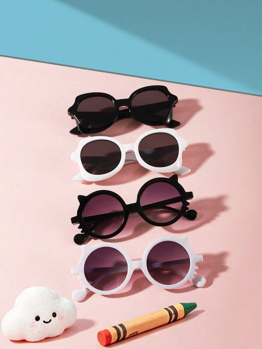1set 4pcs Kids 3‑8Y Oval & Round PC Stylish Glasses, Cartoon Cat Shape Frame, Cute Eyewear For Summer Party Daily Wear With Glasses Box - Multicolor - View 1