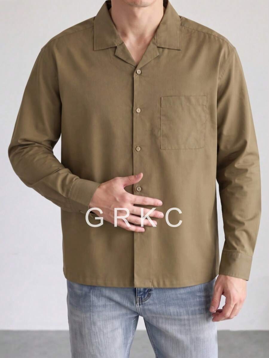GRKC 男士領長袖梭織寬鬆休閒鈕扣襯衫，秋冬款 - 駝色 - 查看 1