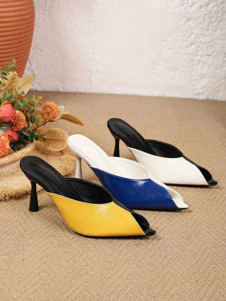Black.White.Yellow.Blue.Colorblock Pointed Toe High Heel Sandals For Women.Elegant Mature Style Asymmetrical Heel Closed Toe Slippers For Outdoor Wear