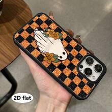 1 buah Casing Ponsel Minimalis Motif Hantu Putih Lucu dengan Latar Belakang Kotak-kotak Kontras Hitam & Oranye, Kompatibel dengan Seri Apple, Casing Ponsel Apple 16 Pro Max, 11/12/13/14 Plus/XR/7/8 Plus/15 Pro Max, dan Kompatibel dengan Seri [Versi Internasional, Bukan Versi Lokal] - Hitam - View 5