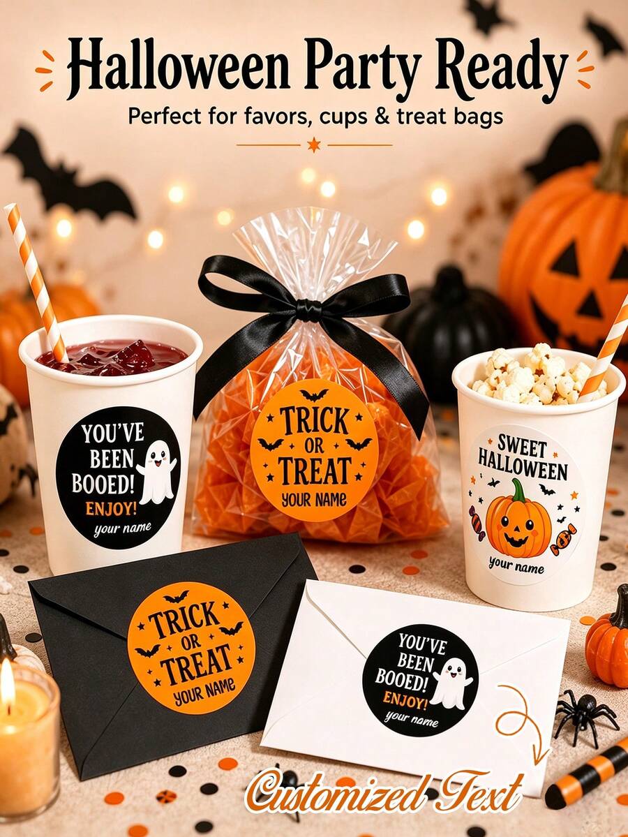 Stiker Bulat Halloween Kustom, Label Nama Tanggal Teks yang Dipersonalisasi, Desain Pola Hantu Kelelawar, Dekorasi Tas Hadiah, Toples, Kotak Kue DIY, Cocok untuk Suvenir Pesta Halloween - MultiWarna - View 1