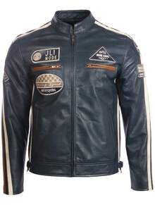 AVIATRIX Men's Genuine Leather Biker Jacket In Navy Blue (CXUS) - Navy Blue - View 9