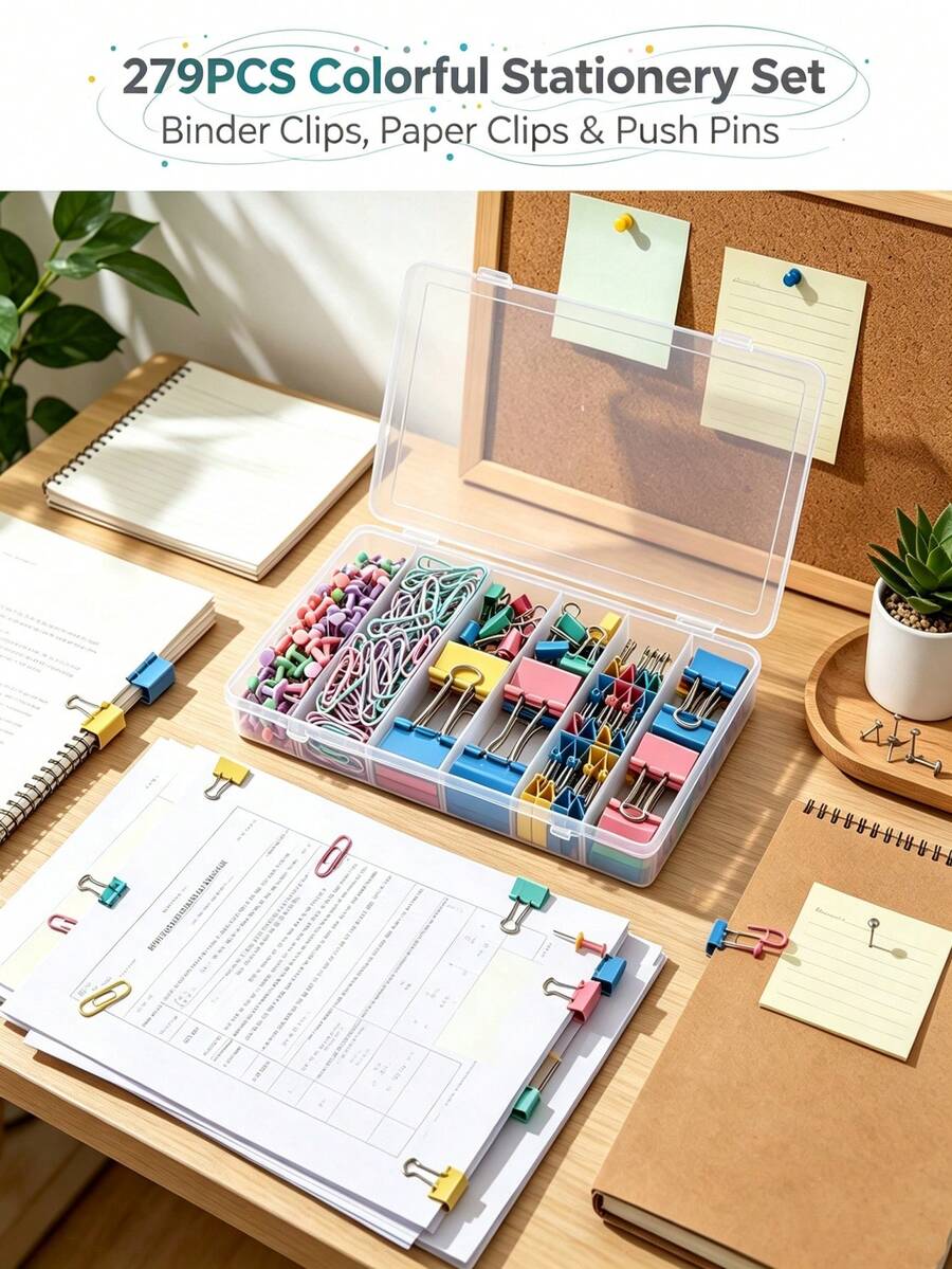279PCS Macaron And Gold Office Stationery Set,Long-Claw Paper Clips, Binder Clips, And Staple Removers.For Document Binding, Material Storage Multi-Functional,Bulletin Board Mounting, And File Management.For Offices, Schools, And Home Study Use. - Sets - View 1