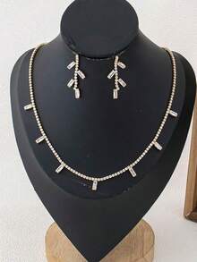 Letingsha 2pcs Necklace & Earrings Set, Exquisite Design, Crystal Inlaid, Sparkling Brilliance, Suitable For Events, Weddings, Celebrations And Daily Wear - White - View 2