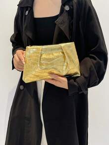 Autumn New Fashion Solid Color Clutch Bag Crocodile Texture Pleated Cloud Bag Solid Color Casual Bag Envelope Bag Makeup Bag Travel Accessory Bag Inner Bag Toiletry Bag Storage Bag - Gold - View 5