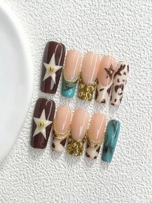 10片裝美拉德辣妹風手工穿戴甲，Polygel美甲套組，鏈條裝飾，棕色指甲油，復古配件風，附美甲工具，3種尺寸可選，杏仁甲、鴨嘴甲、棺材甲，適用派對、跳舞、日常穿戴 - 彩色 - 查看 17