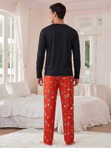 Men's Fun Home Set - Black Snack Cartoon Print Long Sleeve T-Shirt + Food Pattern Pants, Casual 2-Piece Pajama Set, Suitable For Relaxing At Home - Black - View 2