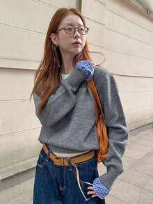 Autumn/Winter Korean Style 2 In 1 Plaid Patchwork Knit Sweater Women's Design V-Neck Embroidered Loose Slouchy Colorblock Pullover - Grey - View 4