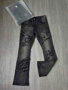 Men's Black Patchwork Distressed Raw Edge Flared Denim Jeans, Streetwear Fashion Outfit Piece, Vintage Flared Denim Jeans - Black - View 4