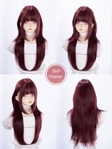alicegarden 28-Inch Long Synthetic Wig Featuring A Natural Straight Style A Stunning Burgundy. Designed With Bangs , This False Hairpiece Is Perfect For Ms Daily Party Cosplay Use, Offering A Natural And Natural Durable Wig Gift For Ladies., Halloween - Burgundy - View 8