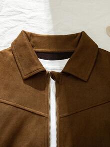 Jaket Kasual Sehari-hari untuk Anak Perempuan, Model Maillard, Warna Polos, Bahan Suede, Kerah Bulu, Resleting, Musim Gugur/Dingin - Coklat - View 4