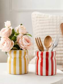 1pc Striped Ceramic Storage Jar, Hand-Painted Ceramic Storage Canister, Tableware Organizer, Makeup Tool Holder, With Various Color Striped Patterns, Suitable For Kitchen Storage, Tableware Organization, Home Decor And Holiday Gifts - View 3