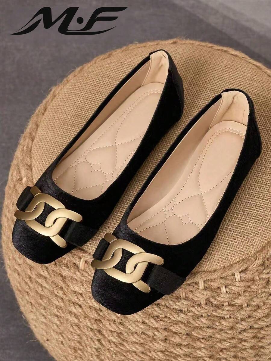 1 Pair Women's Square Toe Slip-On Black Flat Shoes With Metal Buckle, Soft Bottom, Versatile For Commuting, Work, Daily Wear, Dating, Spring/Autumn