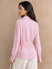 Women's Solid Color Spring/Autumn Casual Versatile Commute Drawstring Rolled Sleeve Blouse,Autumn/Fall,Work Outfits,Office Wear,Basic Blouses,Basic Tops,Modern,Pink Top - Pink - View 3