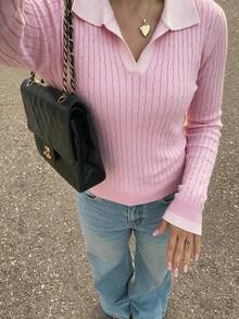 Sookaug Sweet Cherry Blossom Pink Short Knitted Sweater V-Neck Turn Collar Sexy Style Slim Fit Youthful Cable Knit Long Sleeve Sweater, 2026 New Arrival, Women's Pink Knitted Sweater, Long Sleeve Ribbed V-Neck Basic Top, Suitable For College Style Autumn Outfit - Pink - View 3
