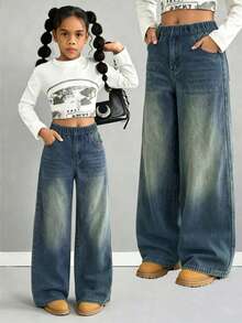 Quần jean denim ống đứng dáng rộng phong cách thời trang casual cho bé gái - Màu xanh lam - Xem 1