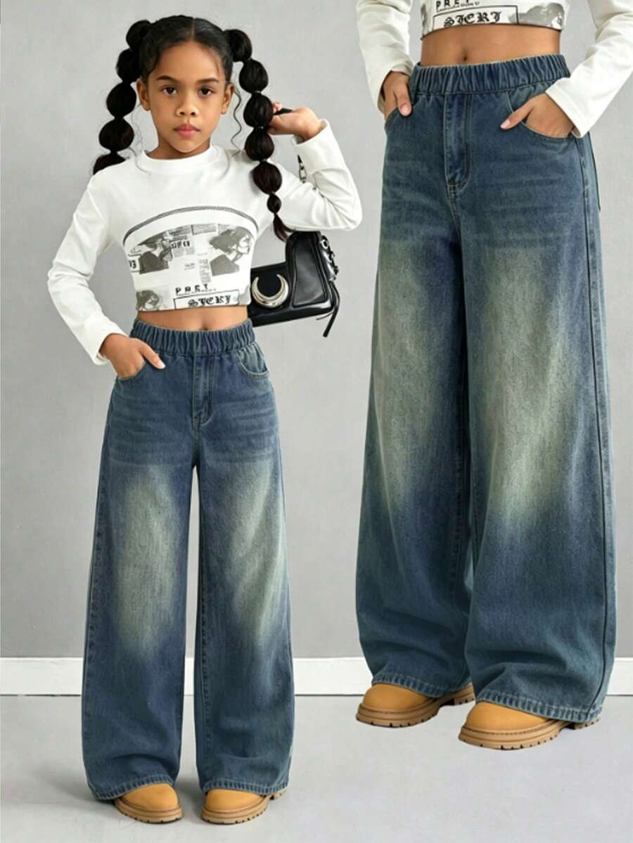 Quần jean denim ống đứng dáng rộng phong cách thời trang casual cho bé gái - Màu xanh lam - Xem 1