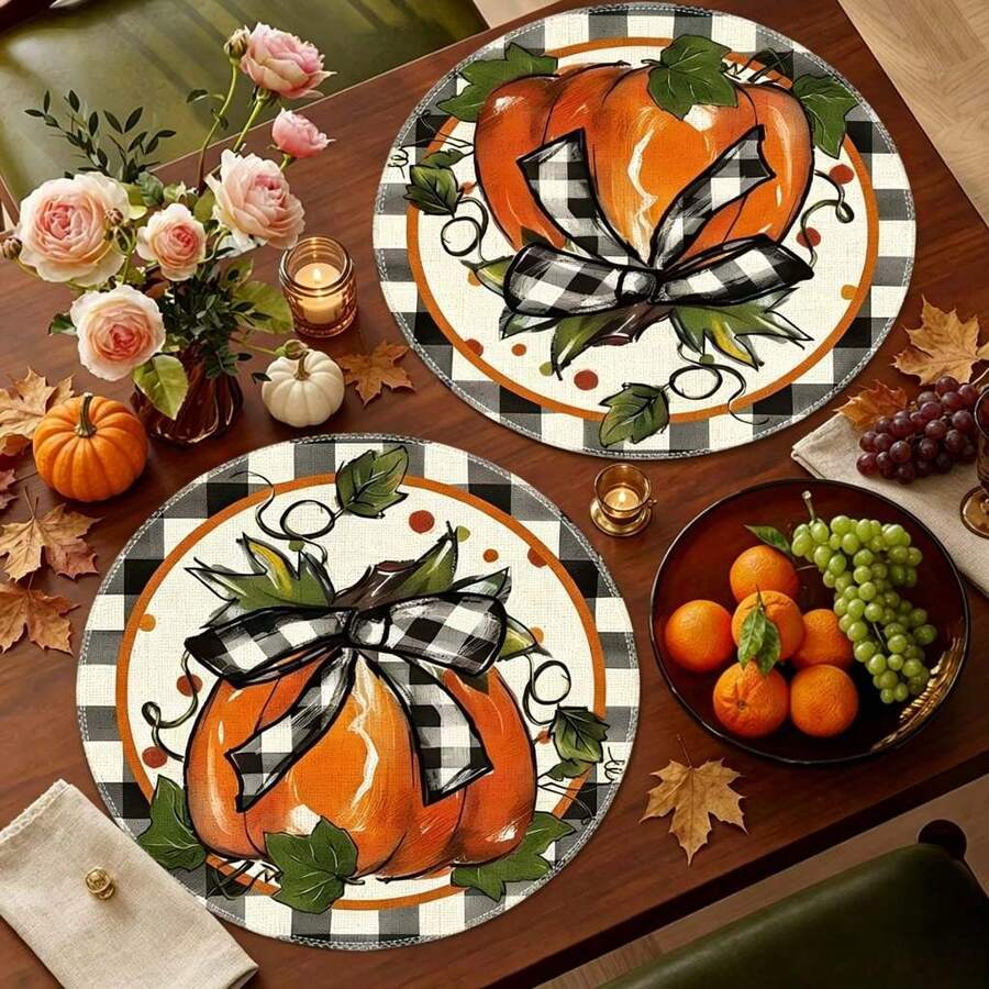 1/4/6pcs Autumn-Themed Double-Border Bow Pumpkin Hand-Painted Placemats ...