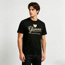 Playera Unisex Oversize, blanco y negro, estampado de letras doradas con corazón en el pecho, estilo casual elegante, ideal para salidas, reuniones y look diario - Negro - Ver 2