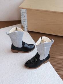 1雙女童刺繡中筒靴，兒童亮片中筒靴附側拉鍊，防滑復古時尚靴 - 銀色 - 查看 3