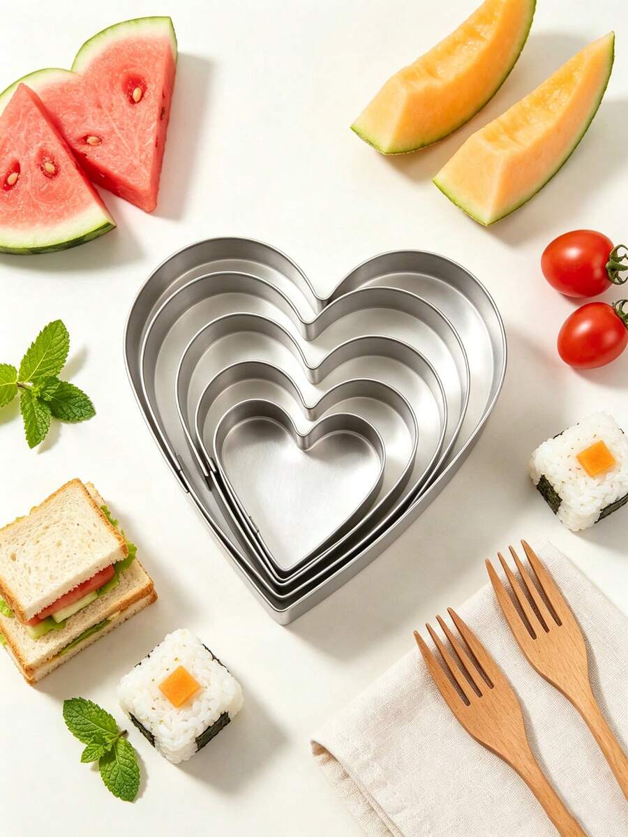 5pcs Heart-Shaped Stainless Steel Cookie Cutter Set, Multi-Size Heart Mousse Ring, Material, Smooth Edges For Hands, Suitable For Making Cookies, Pudding, Mini Cakes, Fruit Slices. Perfect For Home Baking, Parent-Child DIY, Valentine's Day Dessert Table, Heat-Resistant And Durable, Easy To Clean And Store, Ideal For Beginner Baking Enthusiasts And Private Studios, Multi-Functional Kitchen Baking Tool, Valentine's Day, Christmas, Mother's Day, Halloween, Back To School, Gift.