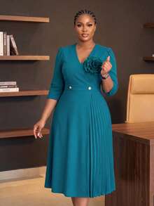 NOU Women's Mid-Length Dress, Basic V-Neck With Puffed Shoulders And 3/4 Sleeves, Large 3D Floral Decor On Chest With Pleated Design, Cinched Waist With Pearl Button Detail, Visual Slimming Effect, A-Line Skirt, Elastic Fabric For Comfortable And Unrestricted Fit, Versatile Basic Style, Suitable For Work, Commute, Office And Daily Wear - Teal Blue - View 1