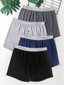 4Pcs Men's Underwear Set, Comfortable Polyester Fabric, Letter Waistband ,With Buttons, Elastic Loose Flat Corner Boxers, Home Wear,Men Gift - Multicolor - View 2