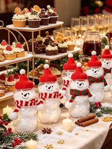 1 Set Transparent Snowman Shaped Plastic Storage Canister With Hat And Red & White/Red & Green Striped Scarf, Suitable As Christmas Party Favor, Christmas Table Decor, Christmas Dessert Table Decoration Or Afternoon Tea Party Gift - Multicolor - View 5