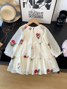 Girls' French Country Style Floral Embroidered Sweet Petal Sleeve Princess Dress, Random Embroidery, Autumn - Apricot - View 3