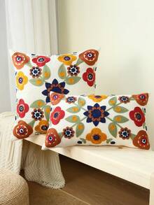 1pc Flower Embroidered Cushion Cover Without Filler, Modern Woven Fabric Decorative Throw Pillow Case For Bedroom, All Season - Multicolor - View 11