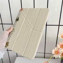 復古米色針織紋理乾花蕾絲格紋拼接平板保護殼，附筆槽，相容 iPad 11(A16)/10.9/10.2/Air 5th Gen/10th/9.7/Air13/Air 4/5/Pro 11/10th Generation/Air 13(M3 2025)/Air 11(M3 2025)/11(A16 2025)，相容 Galaxy S9/S7/S10+，相容 Galaxy Tab S6 Lite 10.4 吋，相容 Matepad - 彩色 - 查看 3