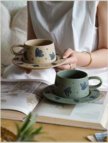 Bird & Floral Ceramic Coffee Cup And Saucer, Exquisite Ceramic Coffee Cup And Saucer, Can Be Used As Coffee Cup, Milk Cup, Breakfast Cup, Latte Cup, Suitable For Home Kitchen Restaurant Office, Large Capacity Comfortable Handle, Multi-Functional Mug, Personalized Holiday Gift - Multicolor - View 1