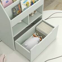 Multifunctionele boekenkast met 3 planken, 2 vakken en een grote houten lade in lichtgroen. - A - Bekijken 10