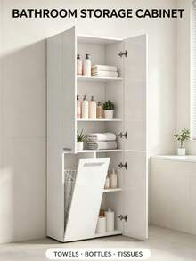 Freestanding Bathroom Cabinet, Large‑Capacity Storage Cupboard, Particle‑Board Multi‑Door Cabinet With Shelves & Built‑In Laundry Hamper, Upright Home Organizer, Practical Furniture For Rental Houses, Small Apartments And Dormitories - Multicolor - View 2