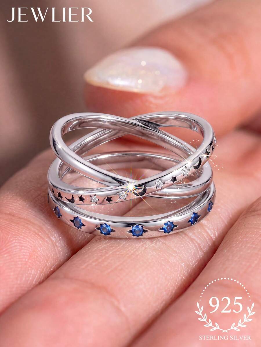 1件 925純銀星月十字戒指，女性日常佩戴派對飾品，高品質精緻珠寶戒指禮物